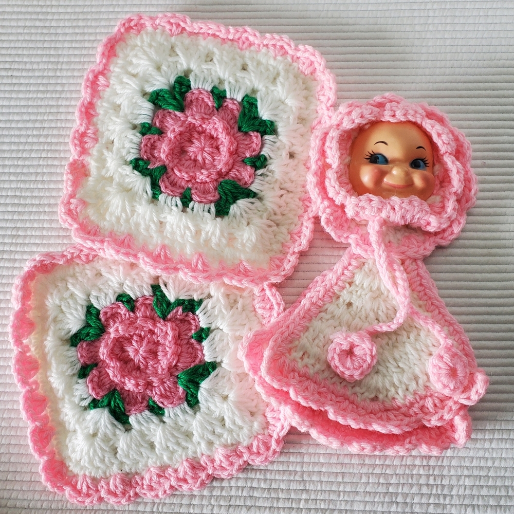 3 Crochet Potholders Vintage Doll Face 3D Rose Floral Pink Cottagecore Kitschy